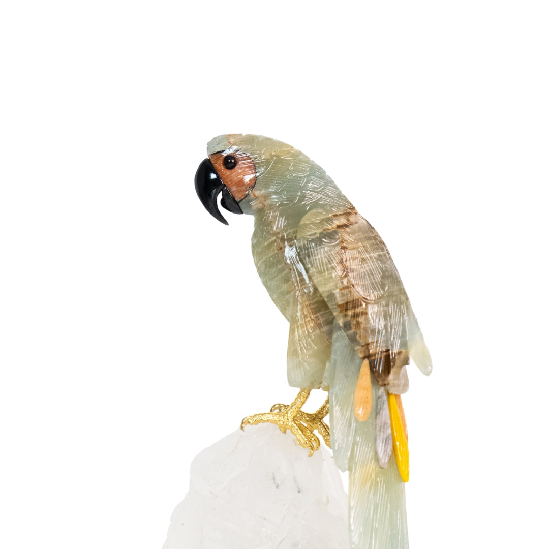 Arara Calcita Aquatina Lemuriana na Base Cristal de Quartzo Tabular (raro) Base Metal Preto