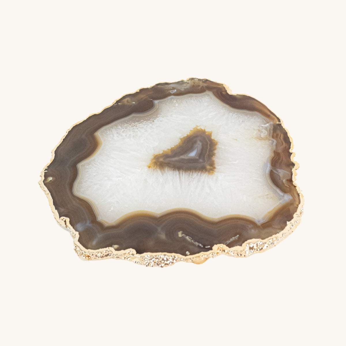 Bandeja Ágata Caramelo com Cristalização Natural Banho Ouro com Pé