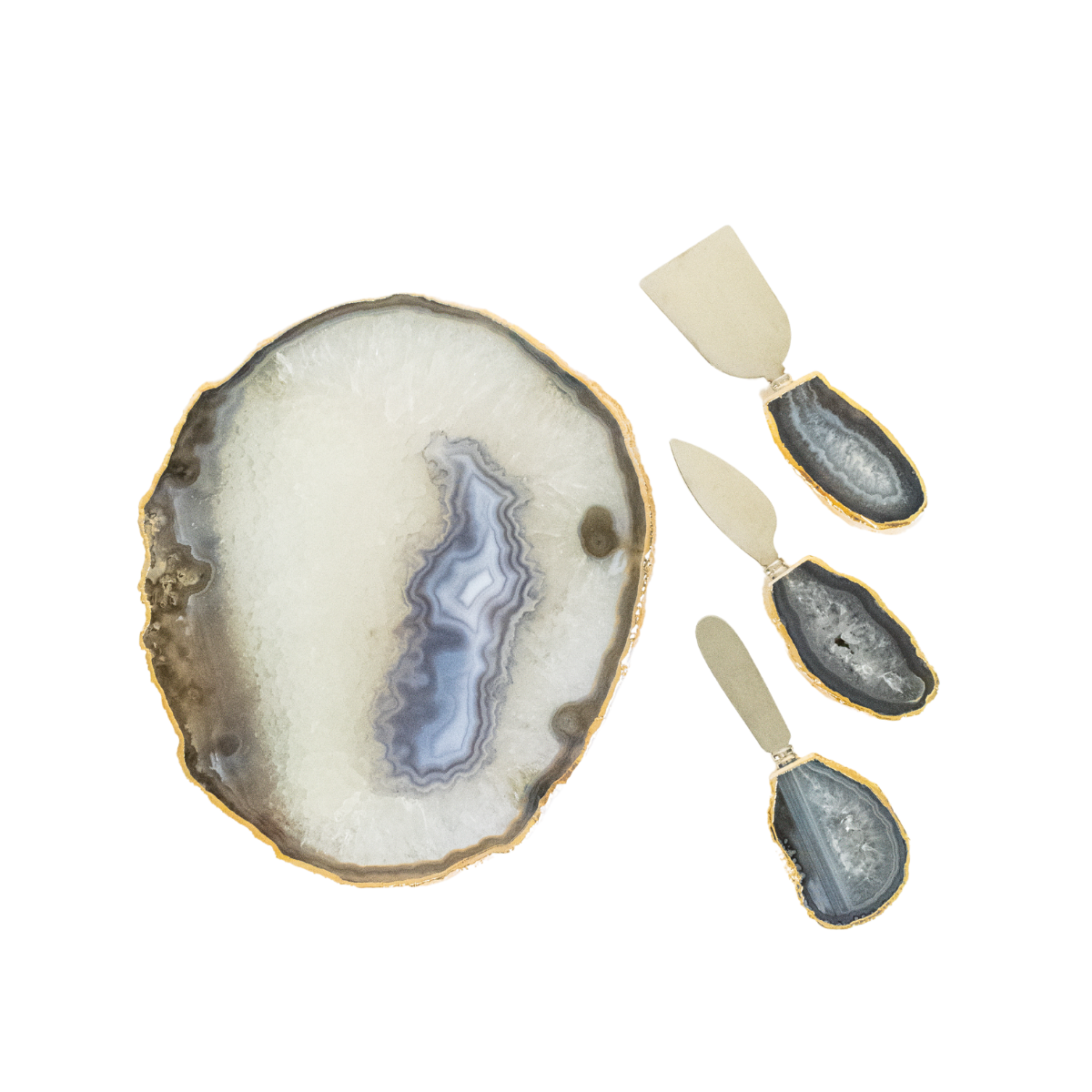 Bandeja Ágata Natural Banho Ouro com Pé + Jogo de Facas para Queijo