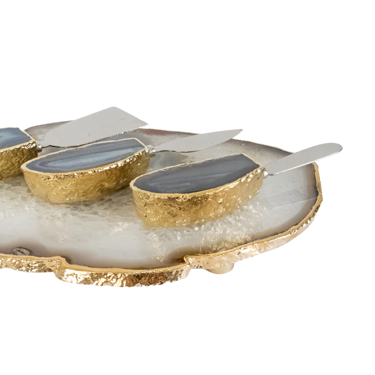 Bandeja Ágata Natural Banho Ouro com Pé + Jogo de Facas para Queijo