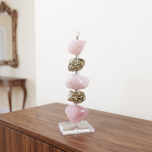 Escultura Prosperar - Pedra Pirita & Pedra Quartzo Rosa na Base Acrílica