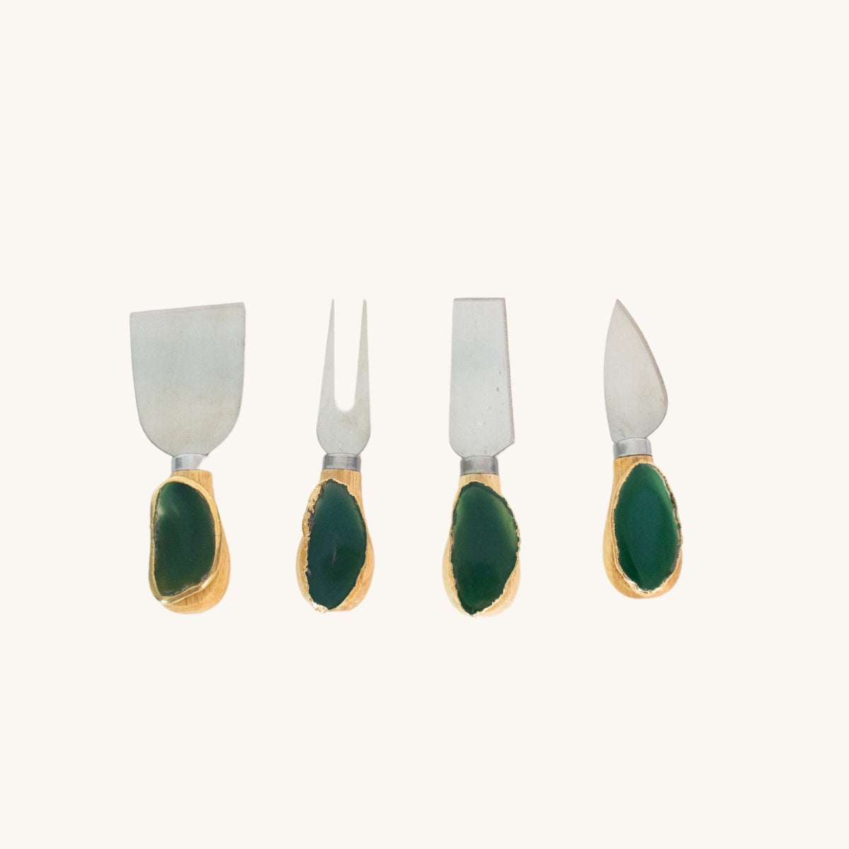 Jogo de Facas para Queijo Àgata Verde Natural Banho Ouro Bambu