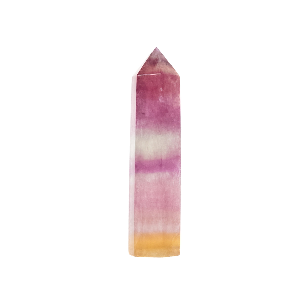 Ponta Fluorita Multicolorida (arco-íris), tons rosa e laranja cristalizada, polida, 135 gramas