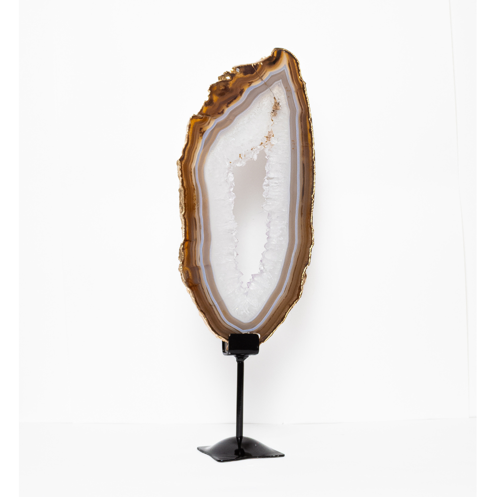 Chapa De Ágata Cristalizada Polida Borda Banho Ouro Na Base