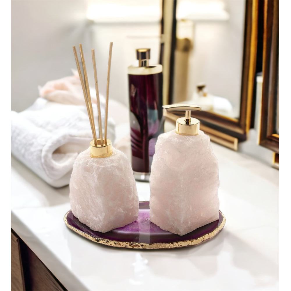 Kit Lavabo Saboneteira + Difusor em Quartzo Rosa Banho Ouro