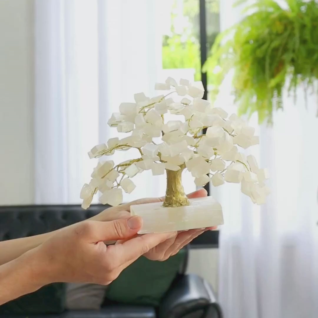 Carregar vídeo: Árvore Pedra Selenita Branca Detalhes em Dourado Base Selenita Branca 1,00 kg