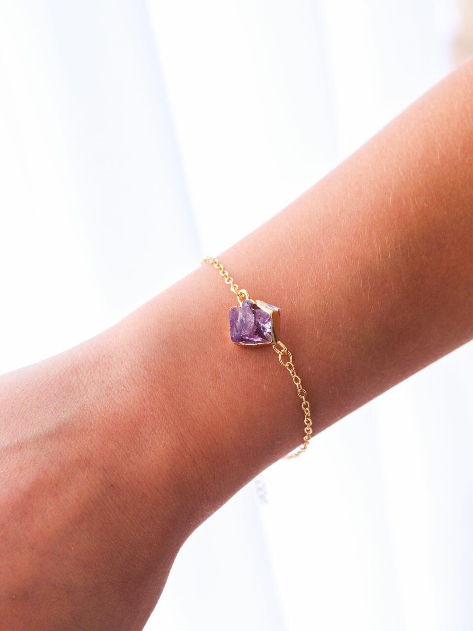 Pulseira Ametista Corrente Elos Banho Ouro 18k