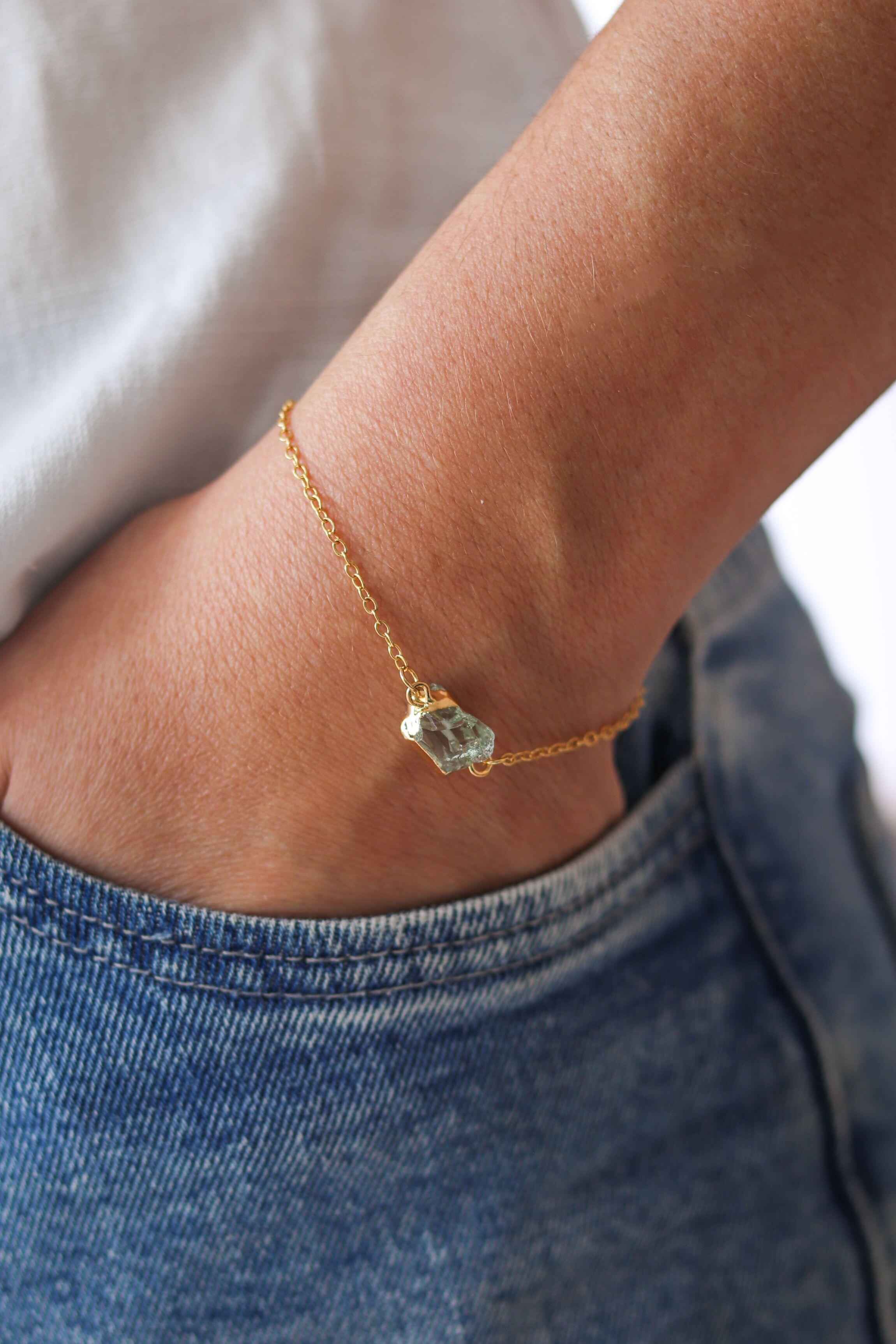 Pulseira Prasiolita Corrente Elos Banho Ouro 18k