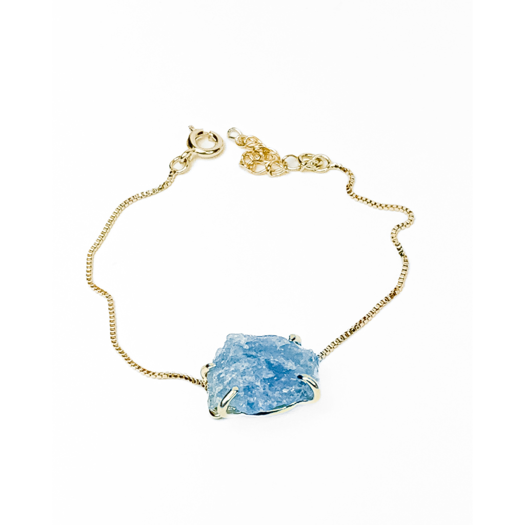 Pulseira Água Marinha Bruta com Garra Banhado Ouro