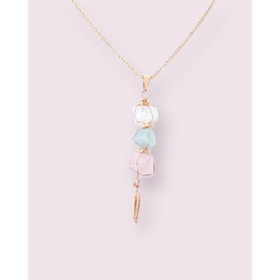 Pingente reconectar com Água Marinha, Quartzo Rosa e Cristal banho ouro