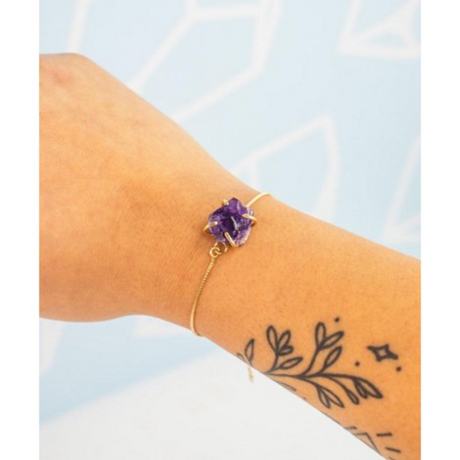 Pulseira Ametista bruta Garra Banhado Ouro