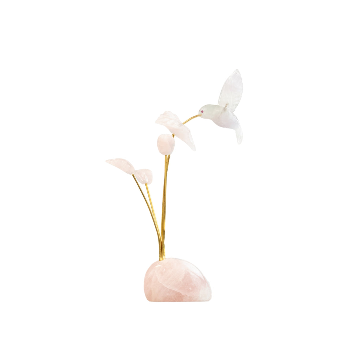 Escultura Beija-flor em Quartzo Rosa Flor Lisiantos em Quartzo Rosa Base em Quartzo Rosa
