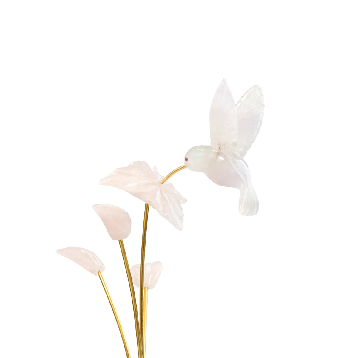 Escultura Beija-flor em Quartzo Rosa Flor Lisiantos em Quartzo Rosa Base em Quartzo Rosa