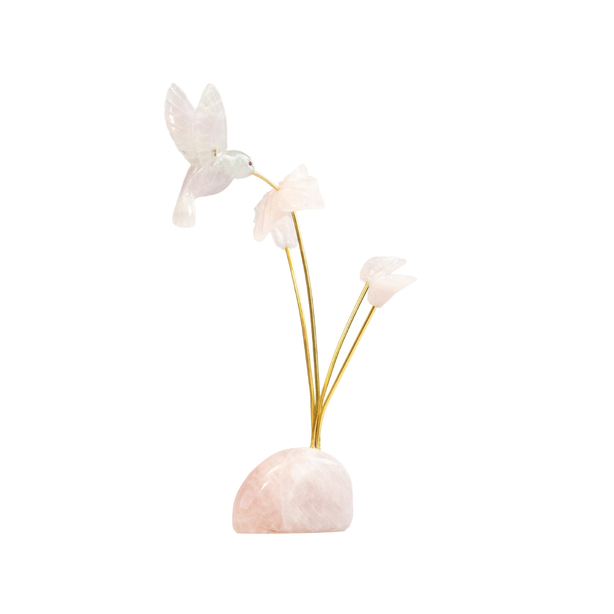 Escultura Beija-flor em Quartzo Rosa Flor Lisiantos em Quartzo Rosa Base em Quartzo Rosa