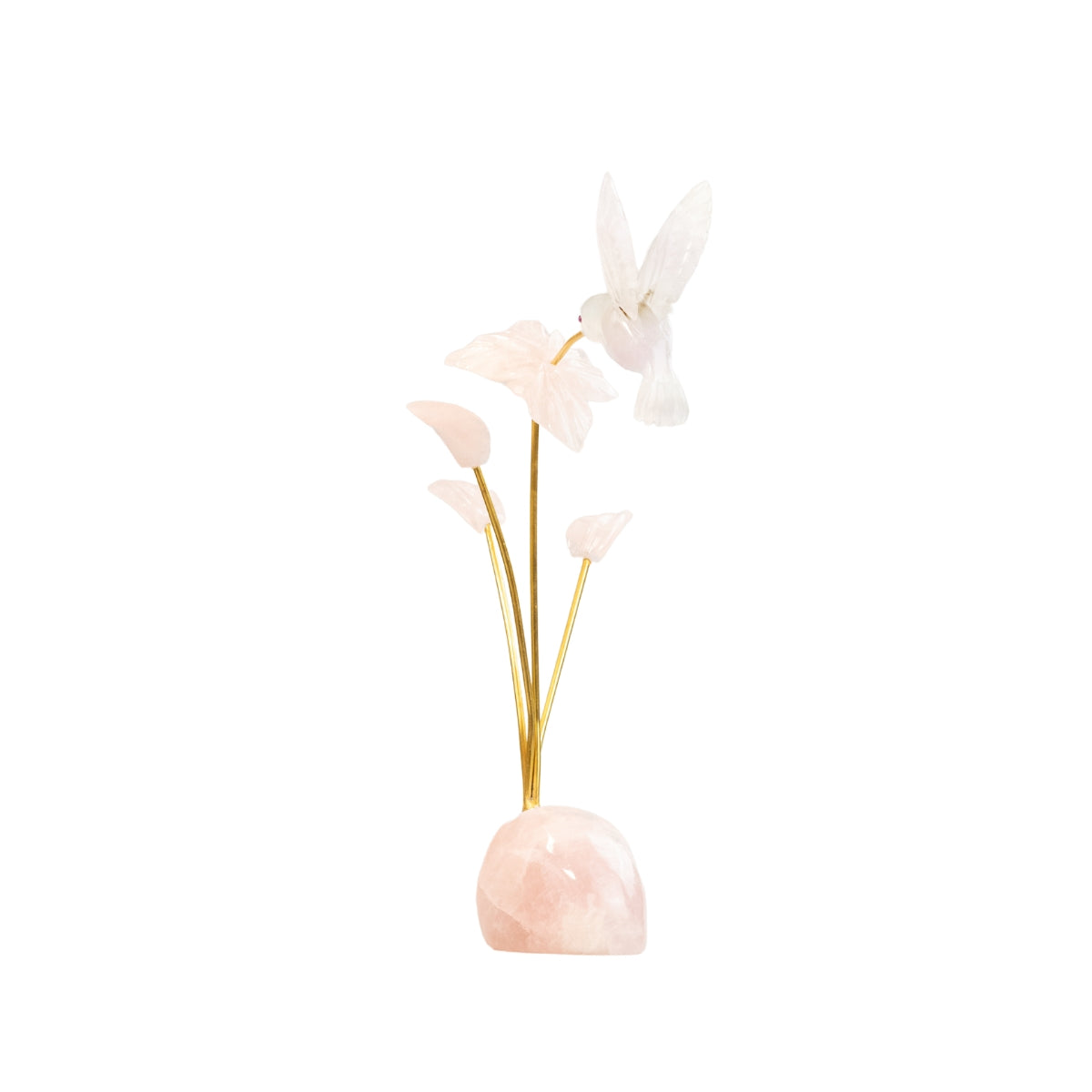 Escultura Beija-flor em Quartzo Rosa Flor Lisiantos em Quartzo Rosa Base em Quartzo Rosa