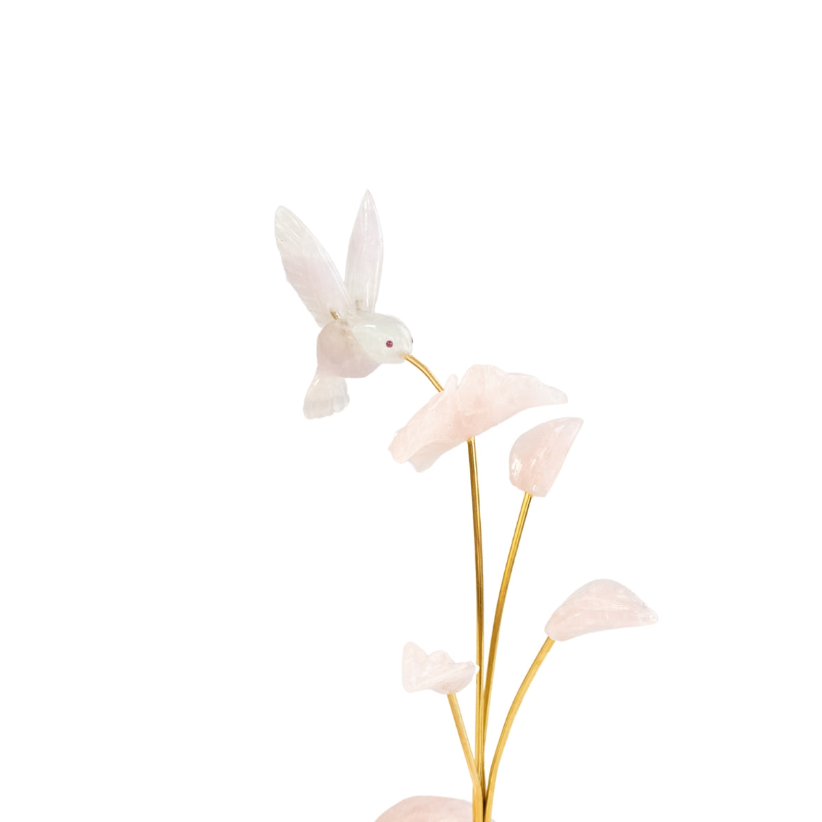 Escultura Beija-flor em Quartzo Rosa Flor Lisiantos em Quartzo Rosa Base em Quartzo Rosa
