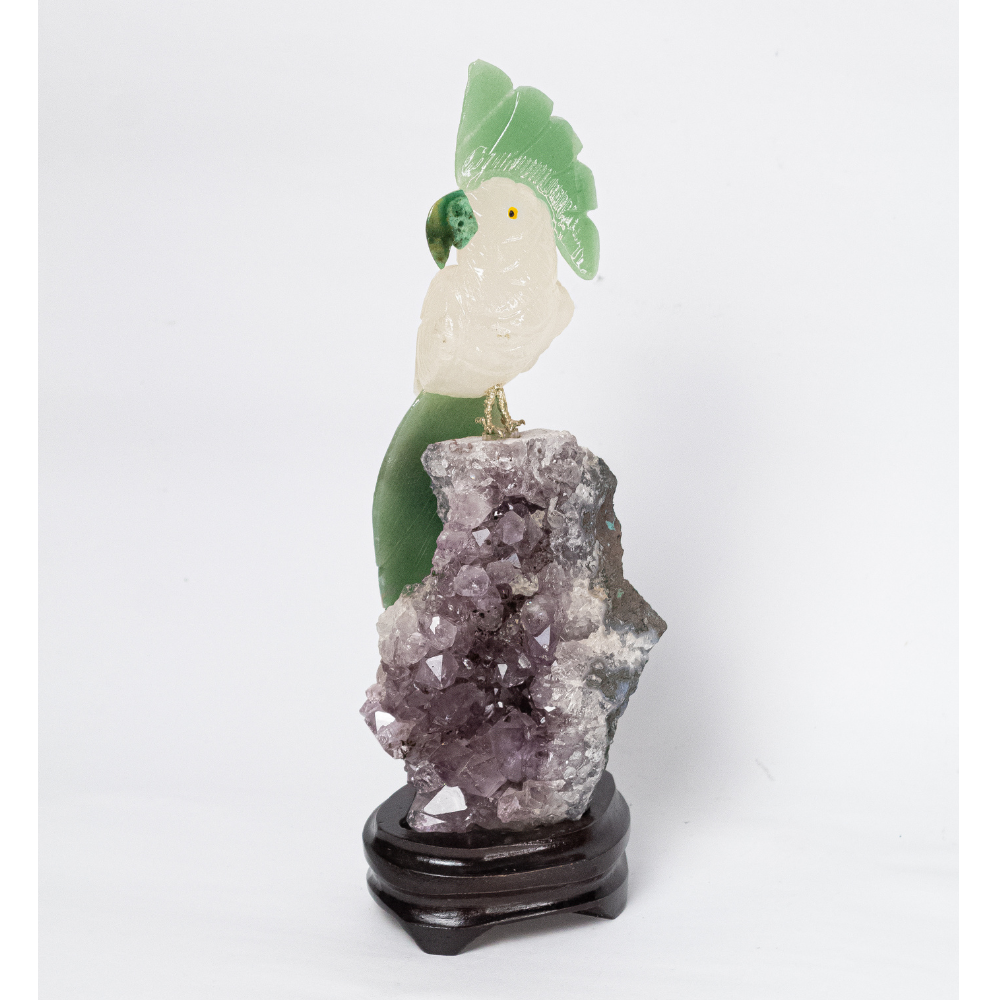 Pássaro Cacatua Quartzo Rosa e Quartzo Verde Base Drusa de Ametista