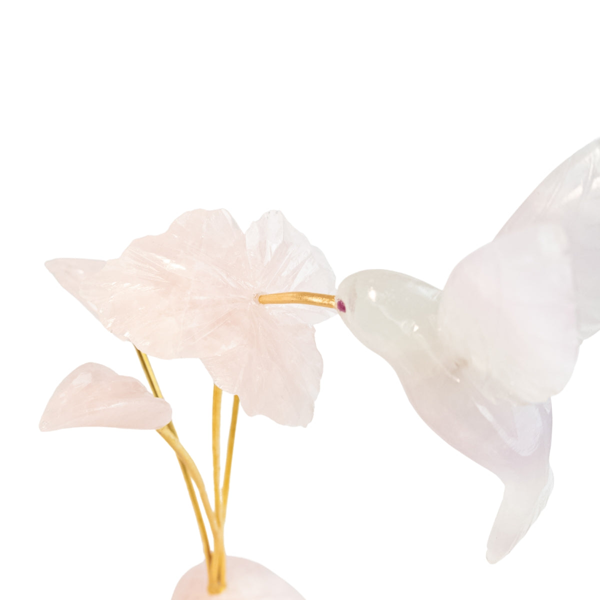 Escultura Beija-flor em Quartzo Rosa Flor Lisiantos em Quartzo Rosa Base em Quartzo Rosa