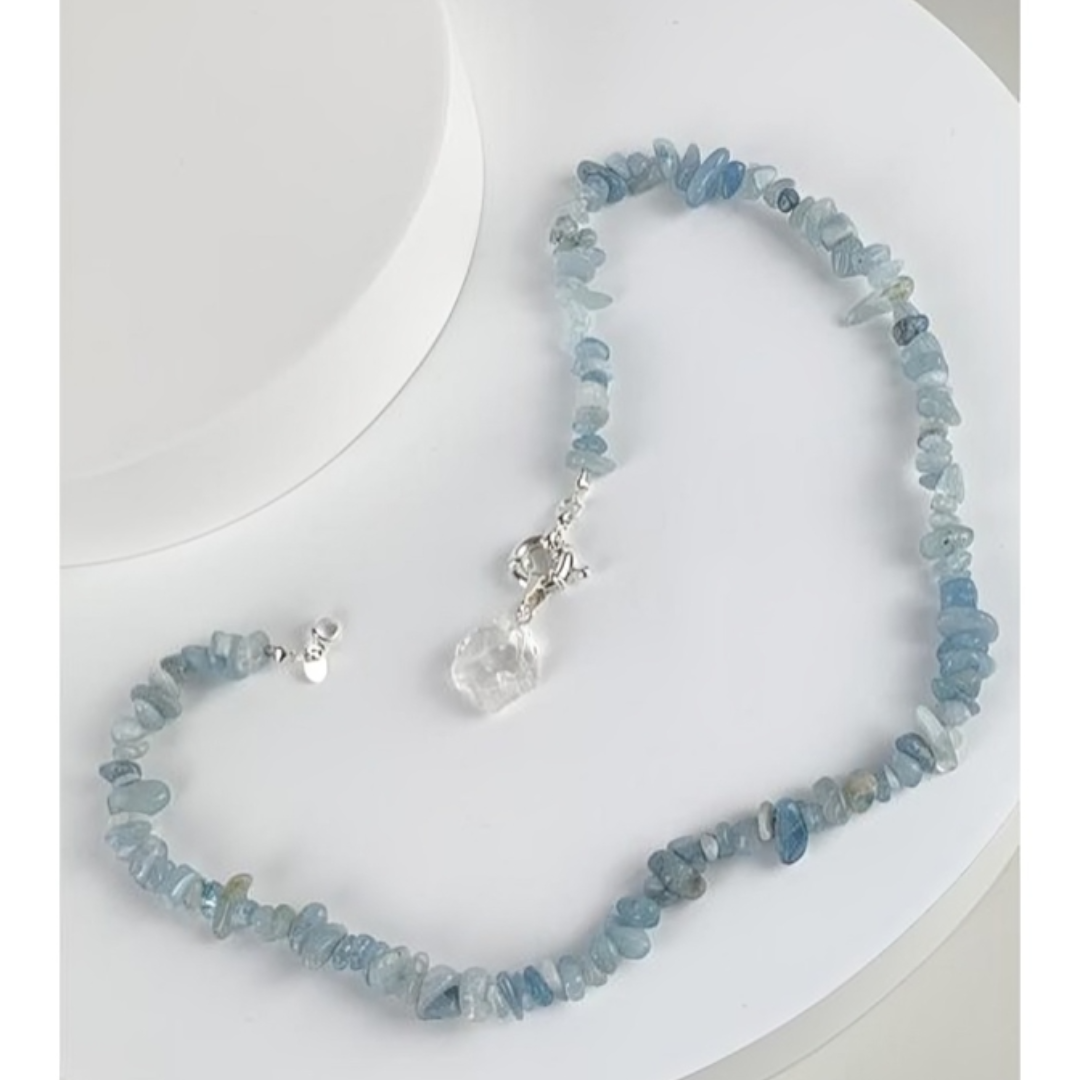 Choker Água Marinha com Cristal Fecho Boia Summer Vibes Banho Prata