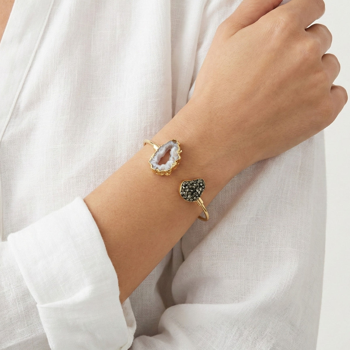 Pulseira Pirita com Geodo de Ágata Natural Banho Ouro