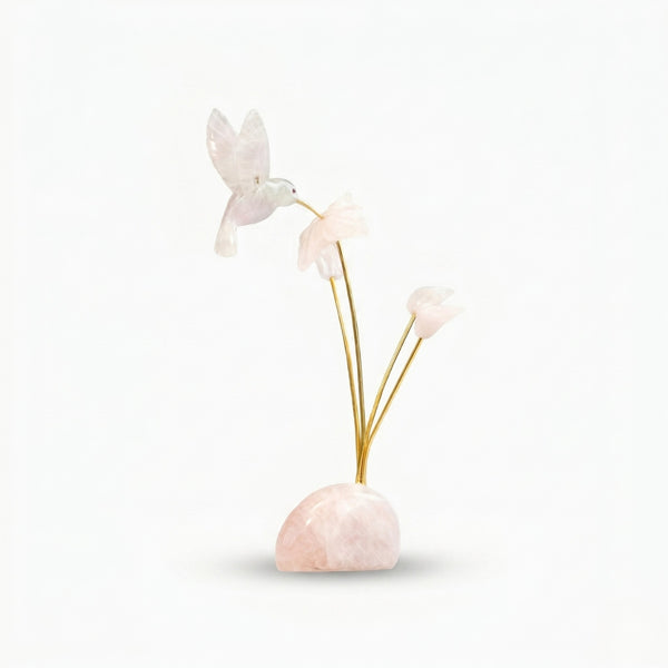 Escultura Beija-flor em Quartzo Rosa Flor Lisiantos em Quartzo Rosa Base em Quartzo Rosa