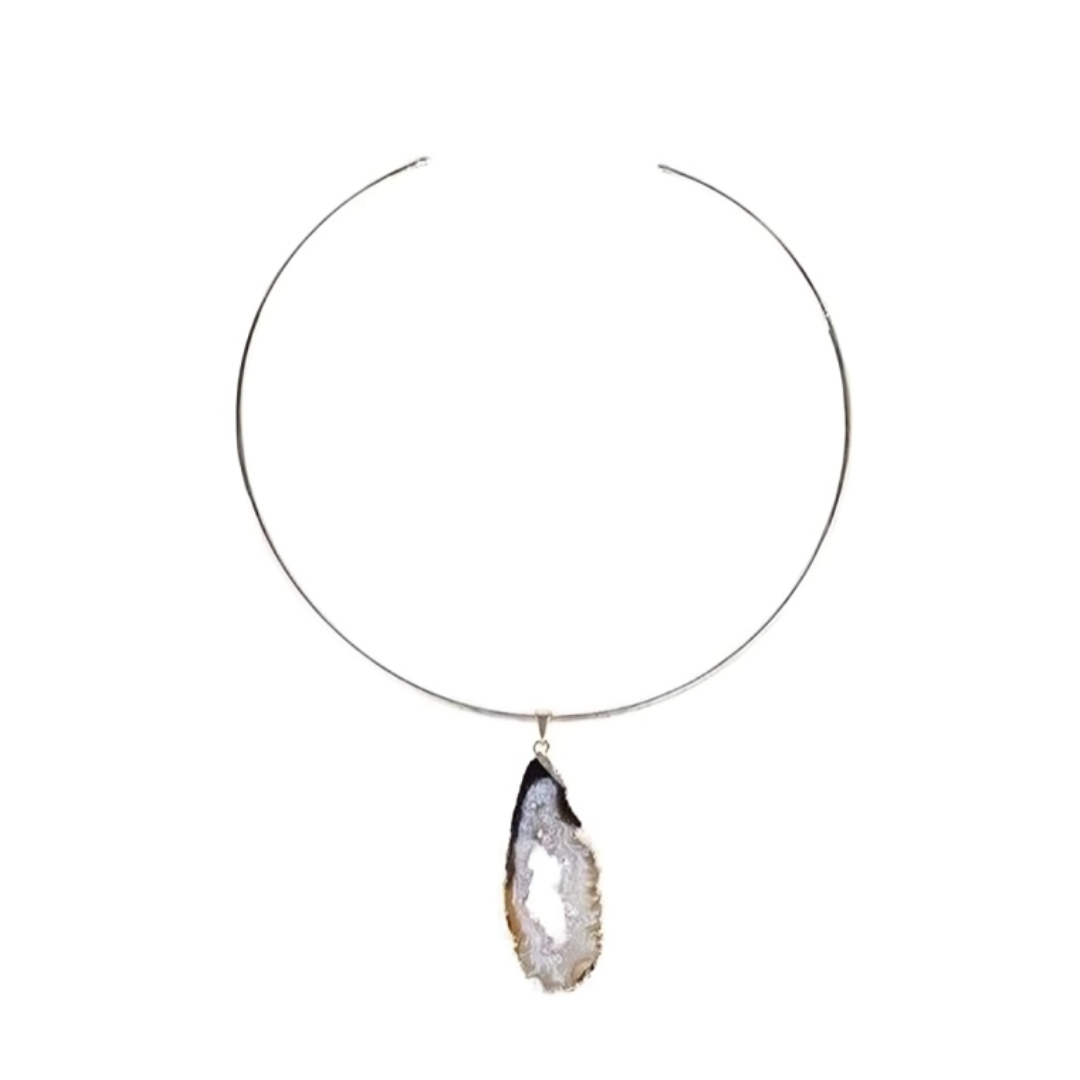 Choker Geodo Ágata Natural Banho Prata