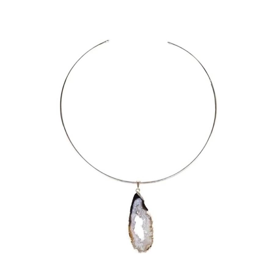 Choker Geodo Ágata Natural Banho Prata