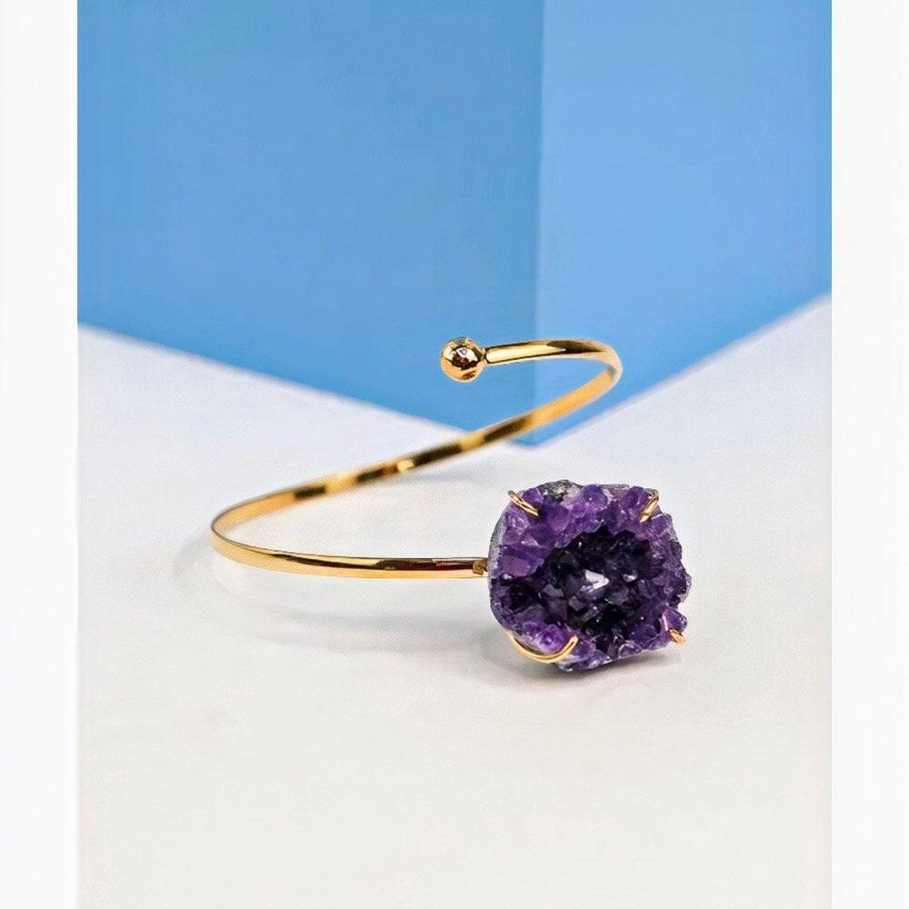 Bracelete Drusa De Ametista Solitário Banhado A Ouro