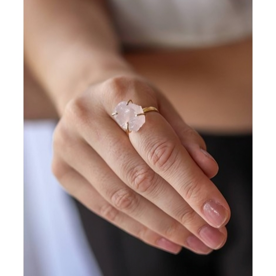 Anel Quartzo Rosa Ajustavel Banho Ouro