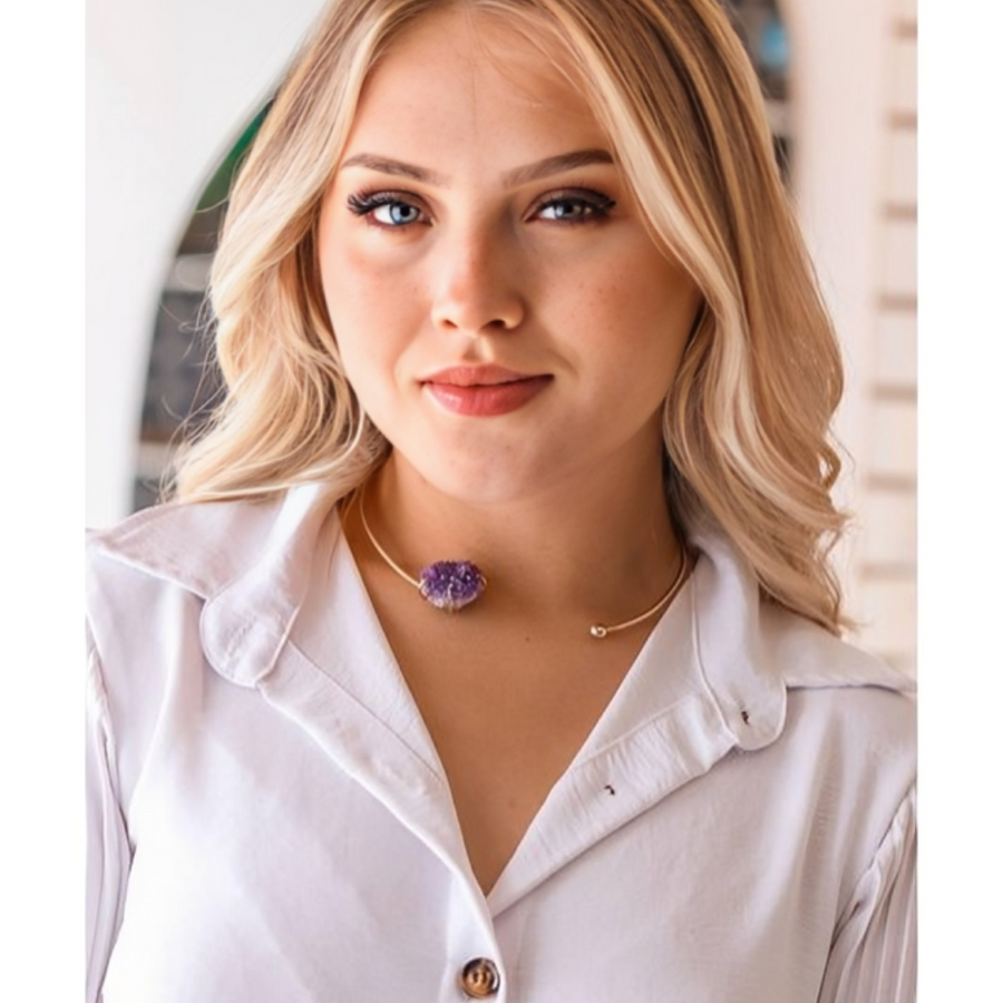 Choker Drusa Ametista Abraço Banho Ouro