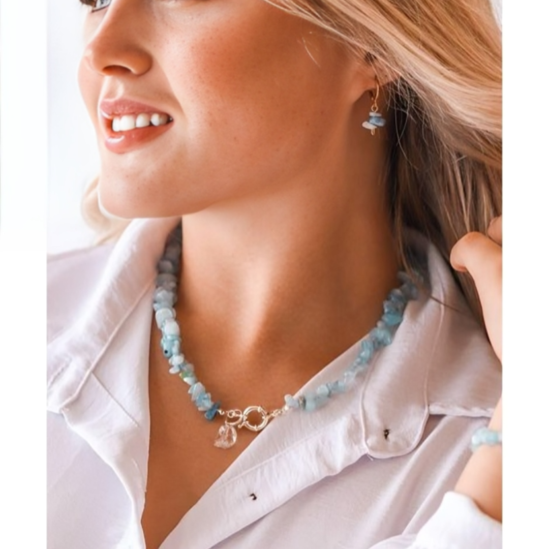 Choker Água Marinha com Cristal Fecho Boia Summer Vibes Banho Prata