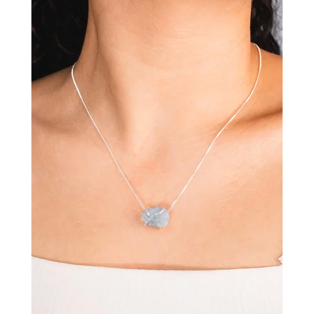 Colar Choker Água Marinha Bruta Com Garra Banho Prata
