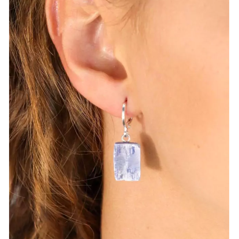Brinco Piercing Argola Cianita Azul Bruta Banho Prata