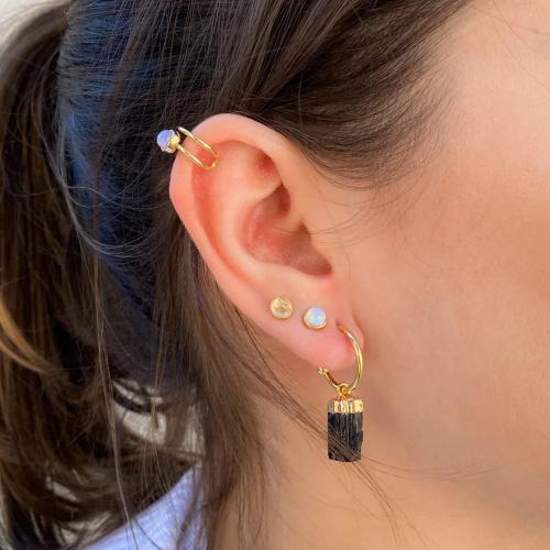 Brinco Piercing Argola Turmalina Negra Banho Ouro