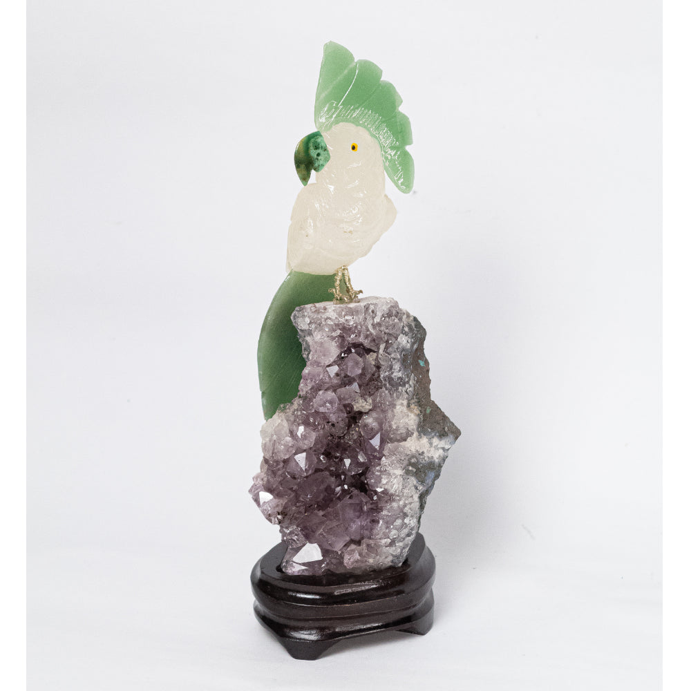 Pássaro Cacatua Quartzo Rosa e Quartzo Verde Base Drusa de Ametista