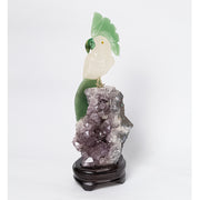 Pássaro Cacatua Quartzo Rosa e Quartzo Verde Base Drusa de Ametista