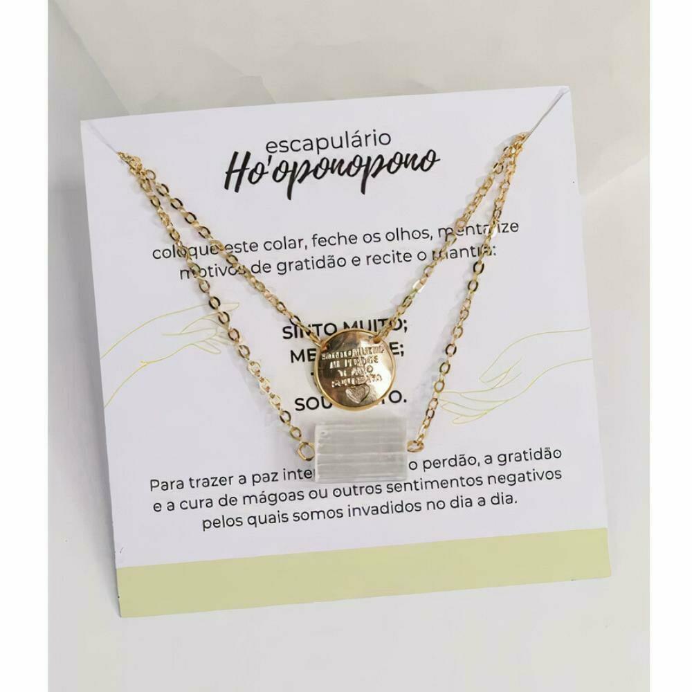 Escapulário Ho&apos;oponopono - Selenita Bruta banhado ouro 24k
