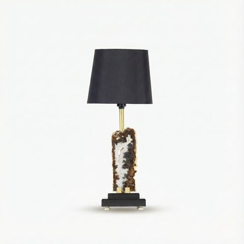 Abajur Chapa de Ágata Natural Banho Ouro na Base de Madeira Preta