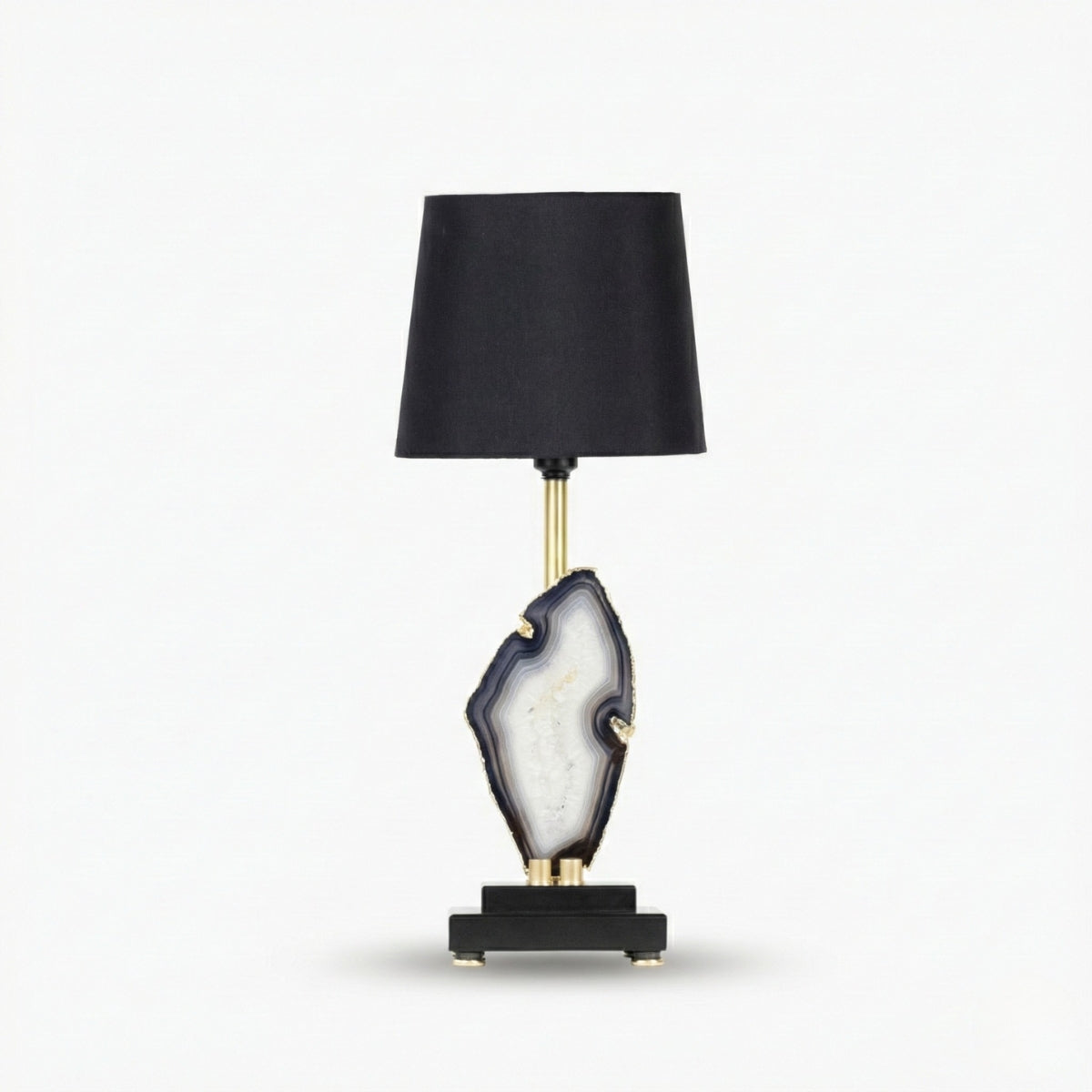 Abajur Chapa de Ágata Natural Banho Ouro na Base de Madeira Preta