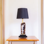 Abajur Chapa de Ágata Natural Banho Ouro na Base de Madeira Preta