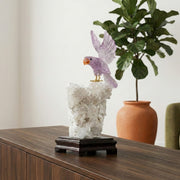 Arara Esculpida em Ametista na Drusa Quartzo Cristal Base Madeira