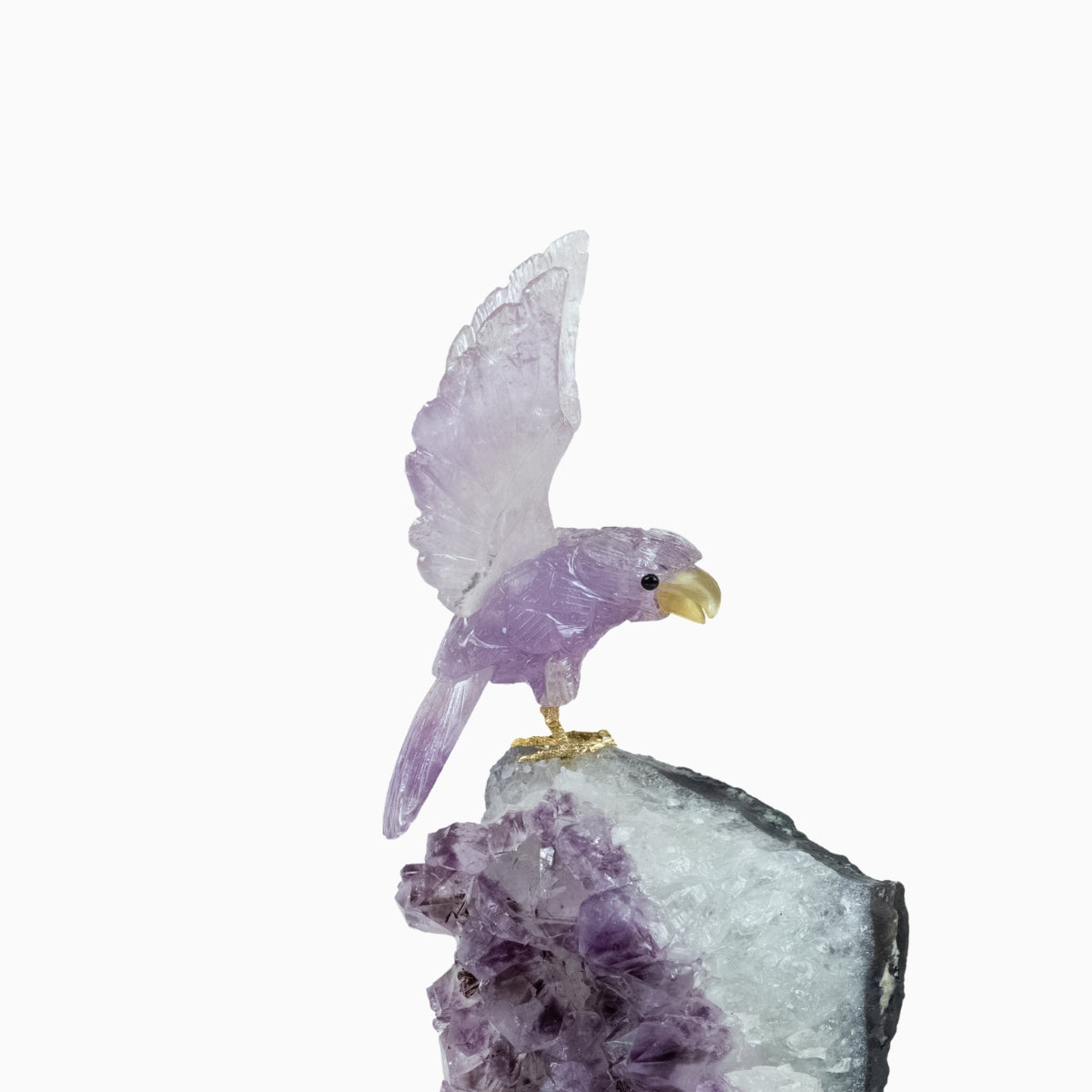 Arara Esculpida em Ametista na Drusa Quartzo Cristal Base Metal Preto