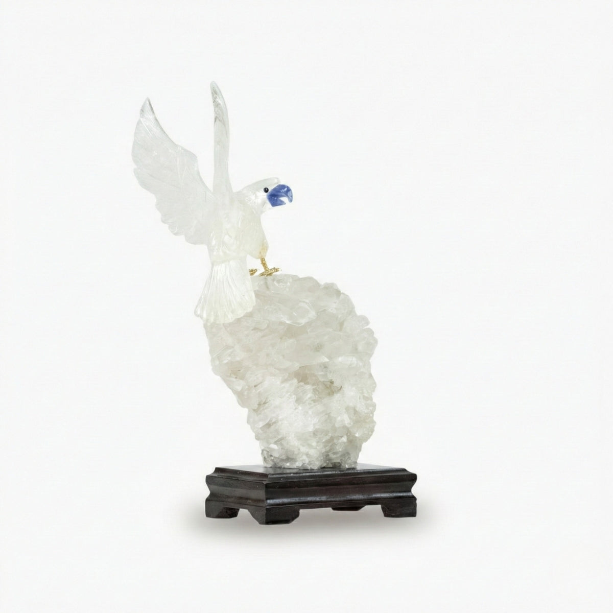 Arara Esculpida em Cristal de Quartzo na Drusa Quartzo Cristal Base Madeira