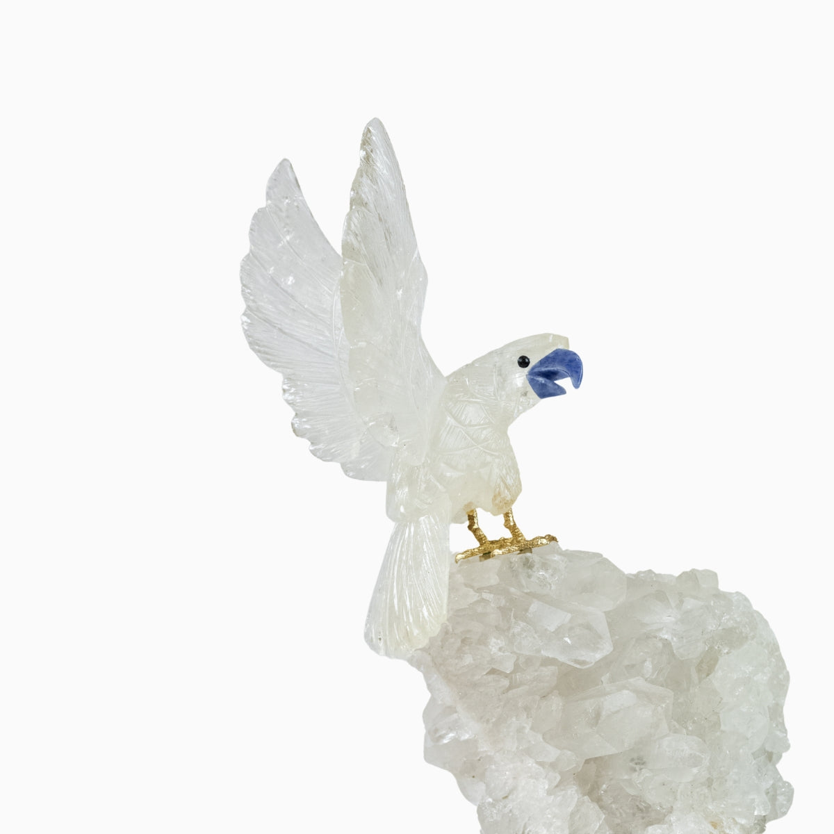 Arara Esculpida em Cristal de Quartzo na Drusa Quartzo Cristal Base Madeira