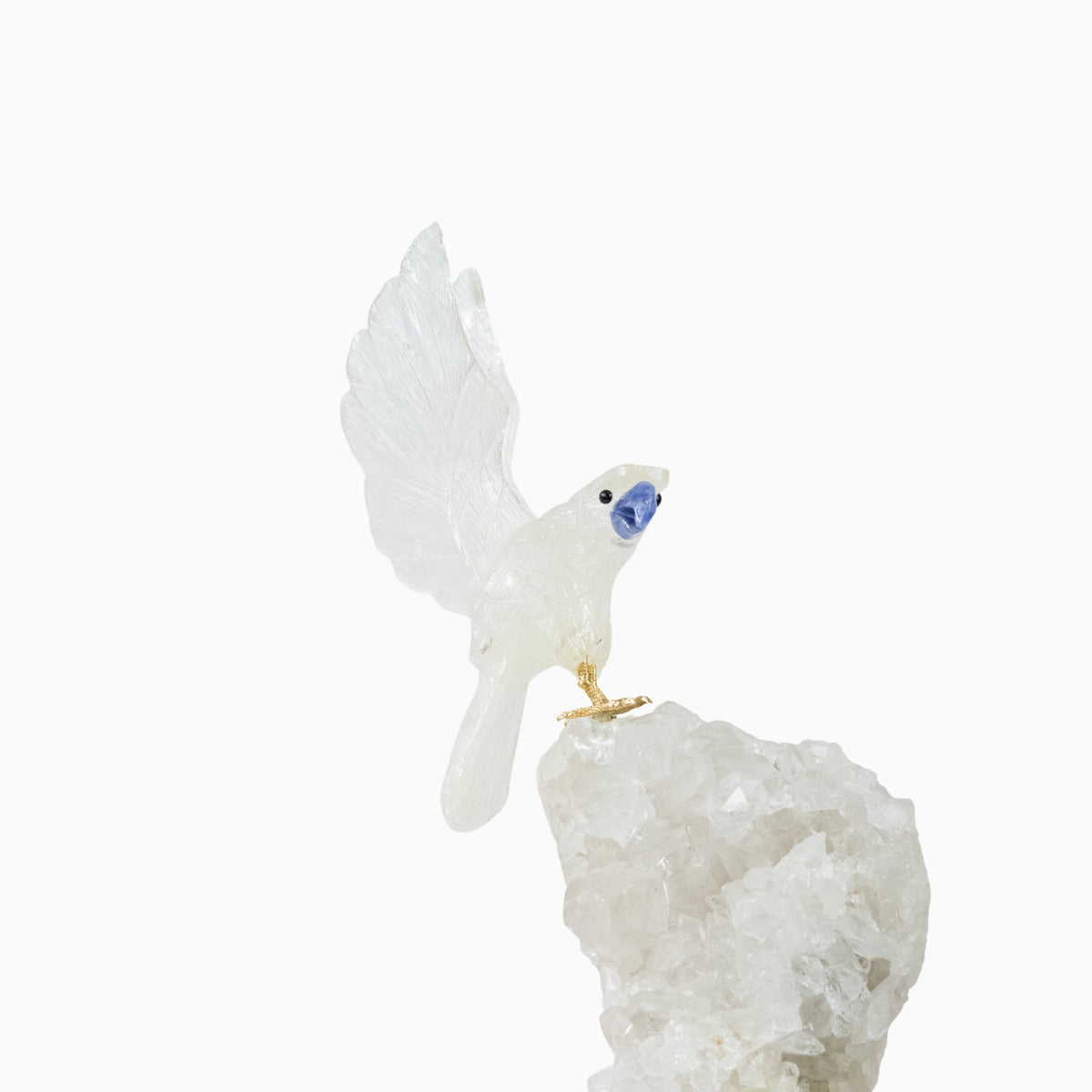 Arara Esculpida em Cristal de Quartzo na Drusa Quartzo Cristal Base Madeira