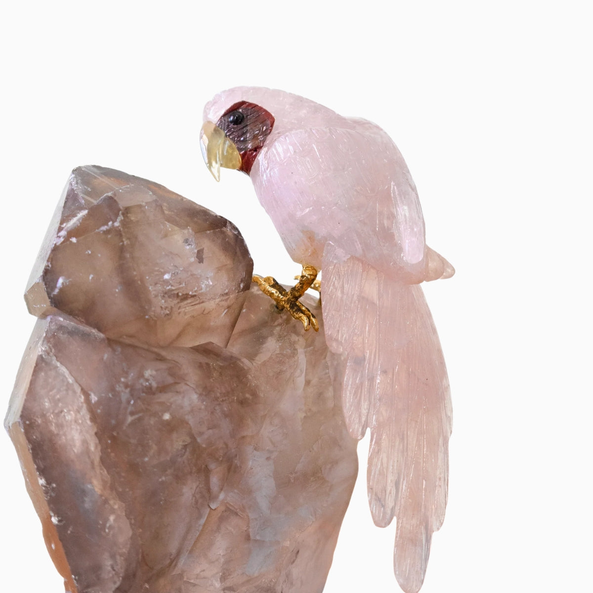 Arara Esculpida em Quartzo Rosa na Base Quartzo Fumê Elestial
