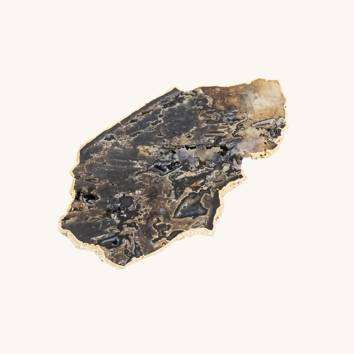 Bandeja Ágata Exótica  Negra Cristalização Natural Banho Ouro com Pé