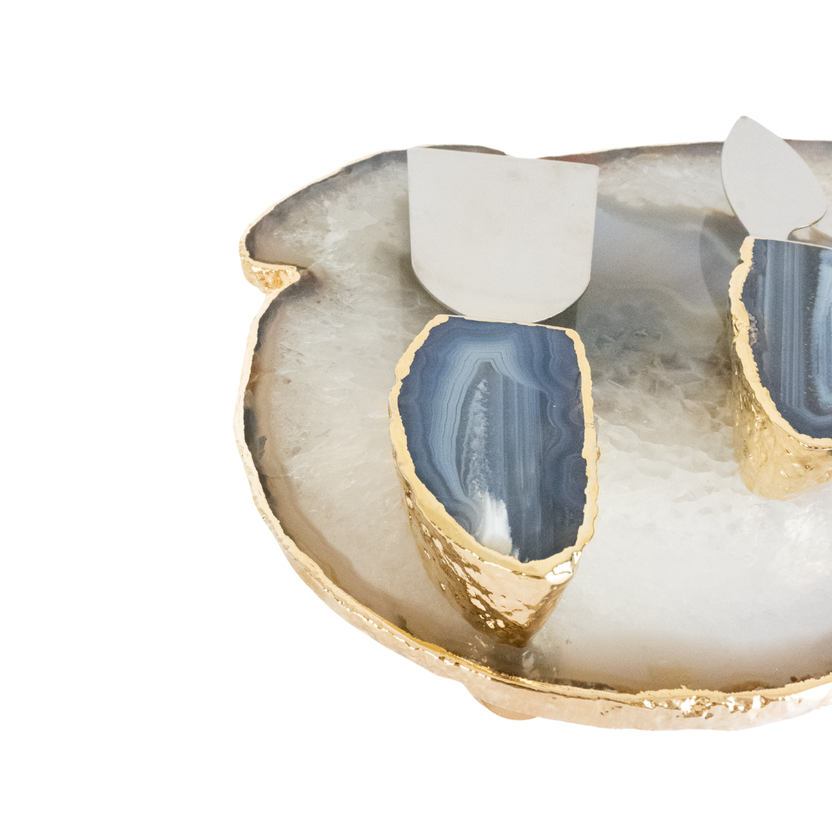 Bandeja Ágata Natural Banho Ouro com Pé + Jogo de Facas para Queijo