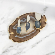 Bandeja Ágata Natural Banho Ouro com Pé + Jogo de Facas para Queijo