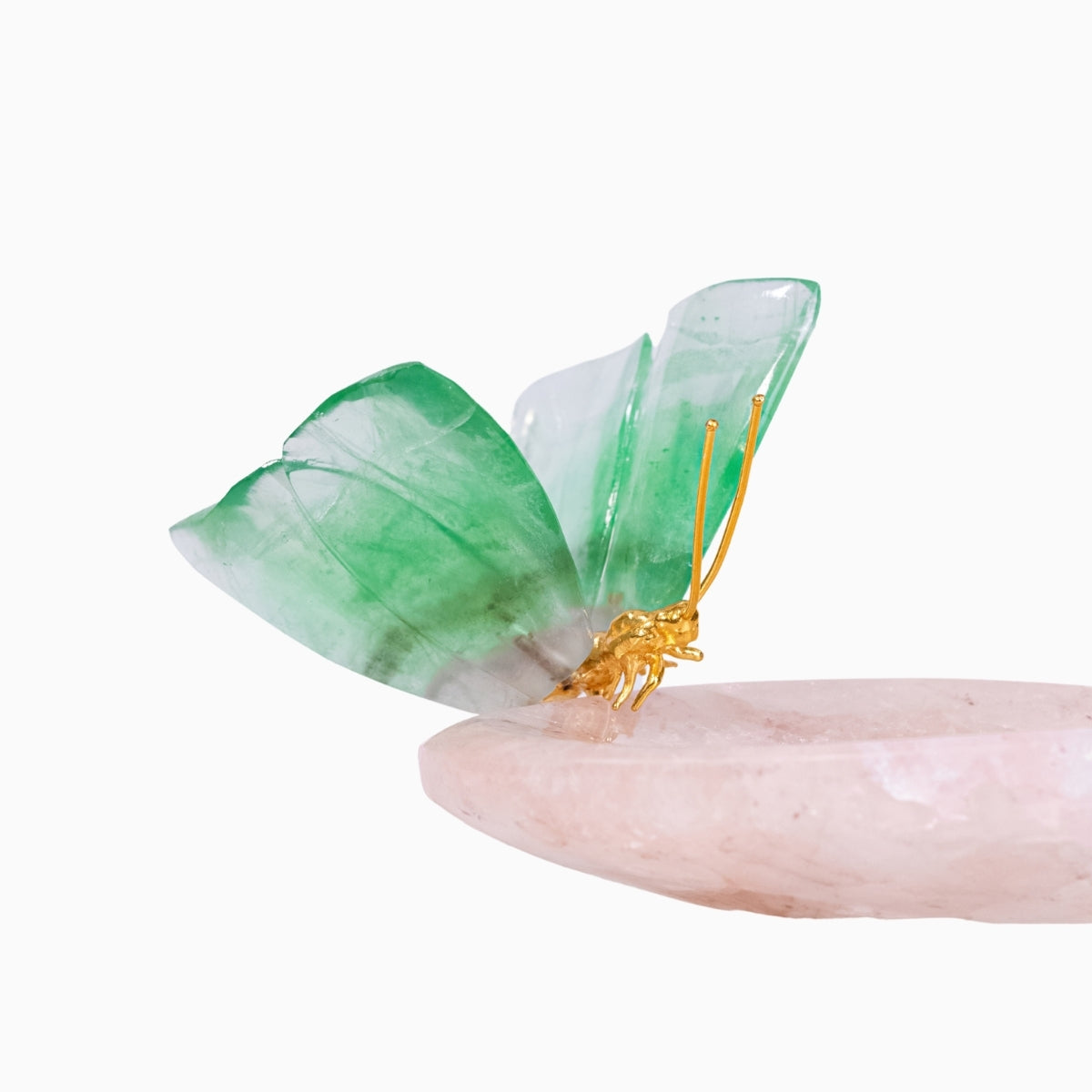 Borboleta Esculpida em Fluorita Verde Sobre Bowl em Quartzo Rosa